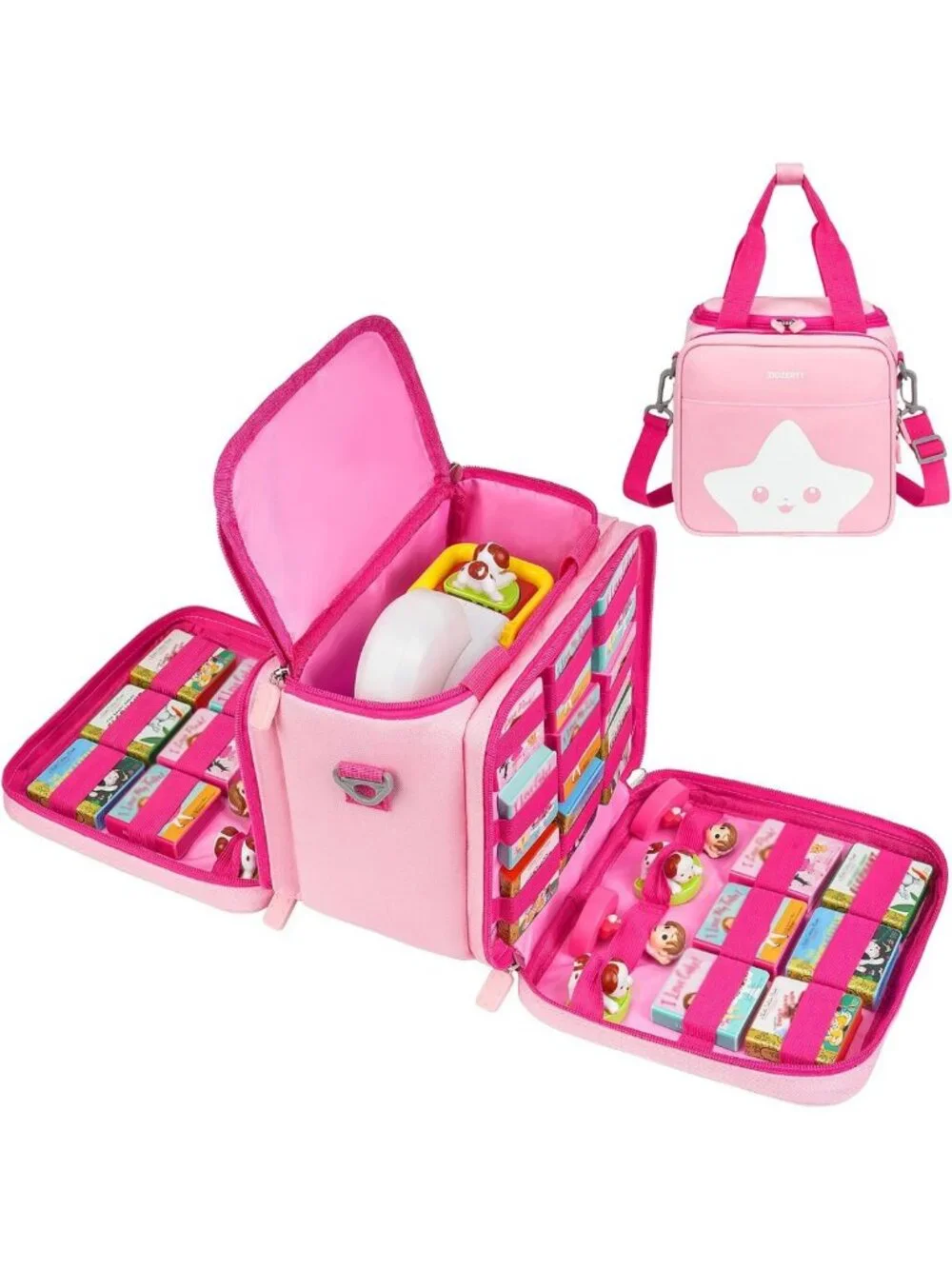 Portable Storage Case for Story Books & Characters, Pink, with Handle & Strap